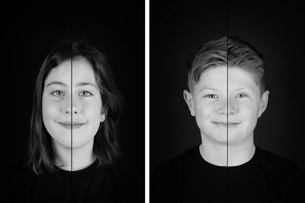 Twee losse 2 in 1 portretten van een meisje en een jongen in zwart-wit, gemaakt bij Kendel-photography in Zoetermeer