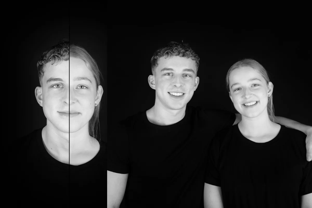 2 in 1 portret van een tienerbroer en -zus naast de foto van hen samen, gemaakt in Zoetermeer