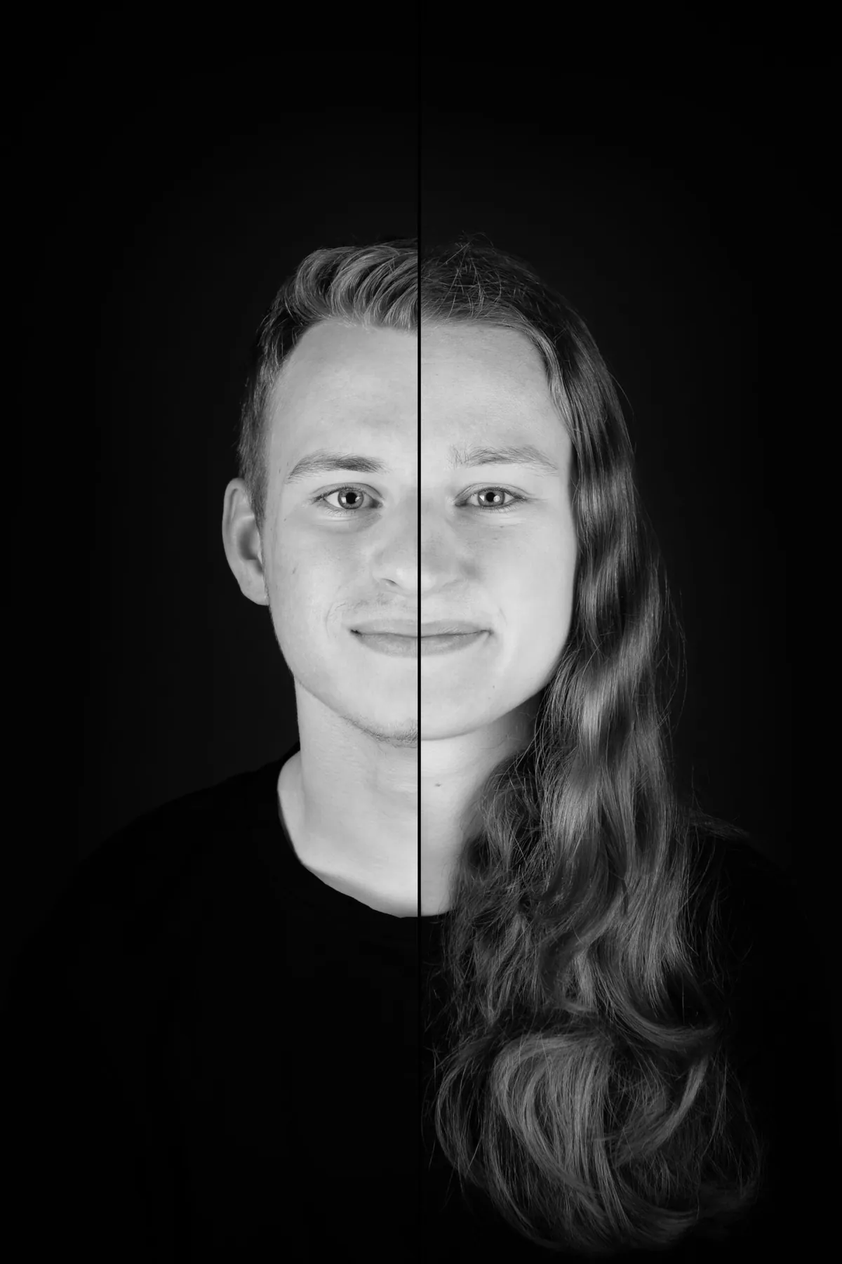 Zwart-wit 2 in 1 portret waarin de gezichten van een jongeman en een jonge vrouw samenkomen, fotostudio Zoetermeer