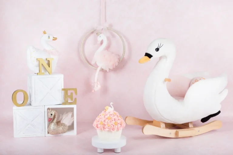Zwanen cake smash decor met zwaan-hobbelpaard en roze taart met zwaantje, cakesmash fotoshoot Zoetermeer