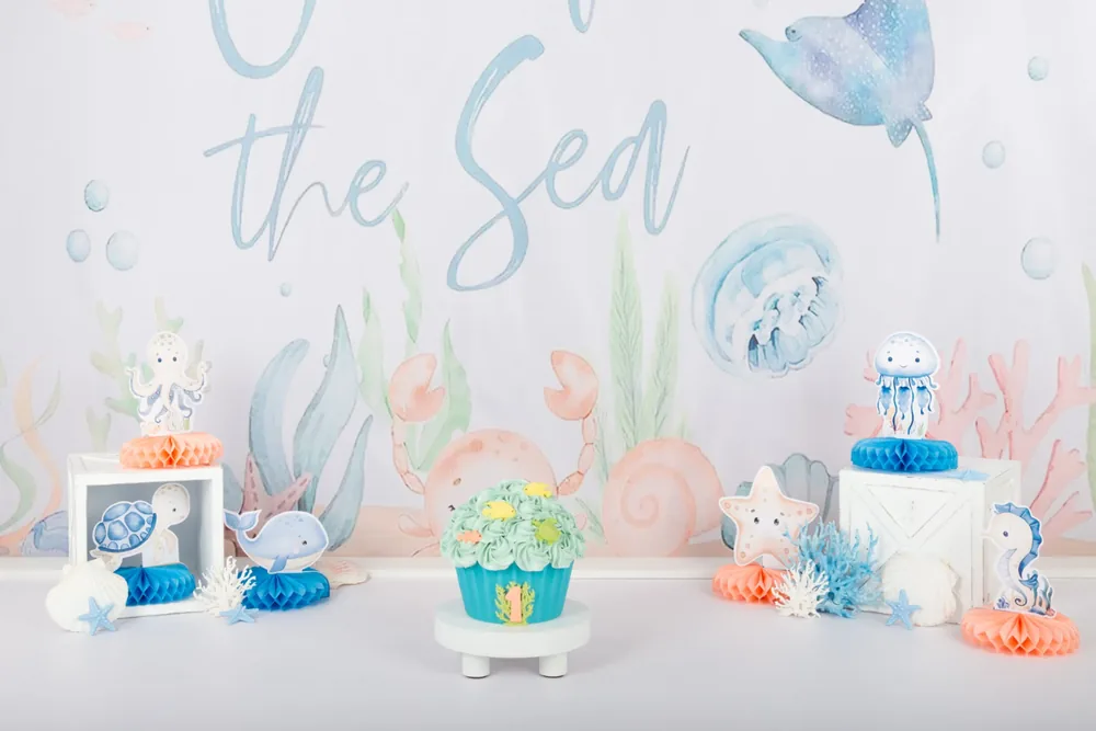 Pastel Under the Sea cake smash decor met octopus, kwal, zeepaardje en schelpen in aquarelstijl, cakesmash Zoetermeer