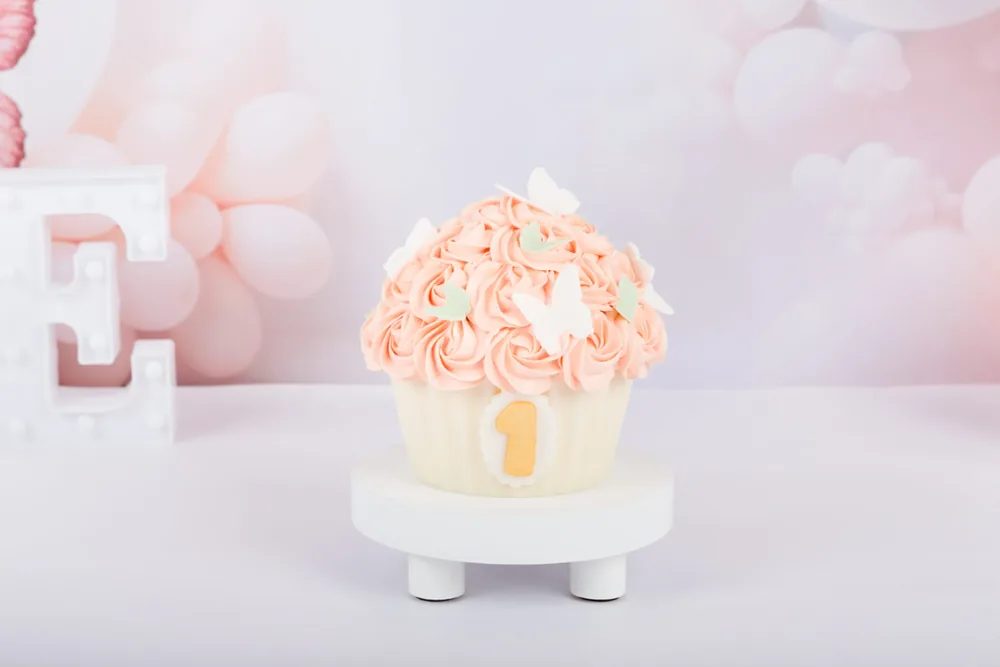 Cake smash taart met zalmroze rozetten en witte vlinders tegen een pastelroze ballonnenwand, Zoetermeer